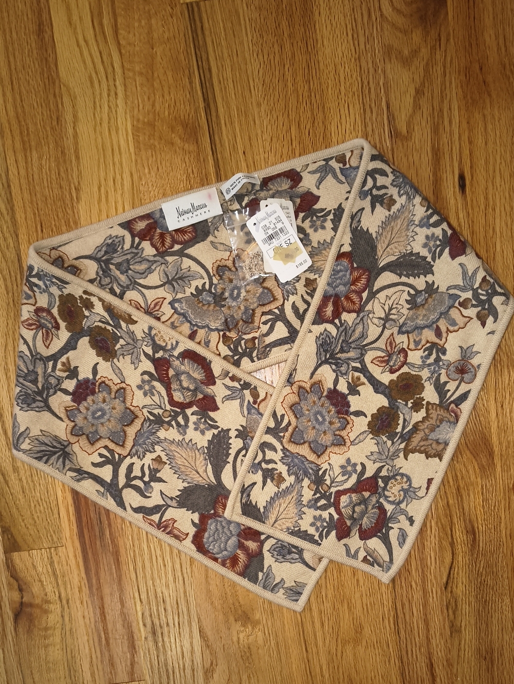 Neiman Marcus Beige Floral Tapestry Scarf with Blue & Rust Embroidery